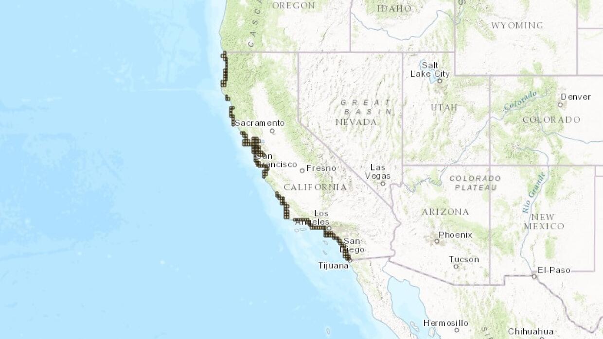 Mapa de áreas más vulnerables a un tsunami en California.