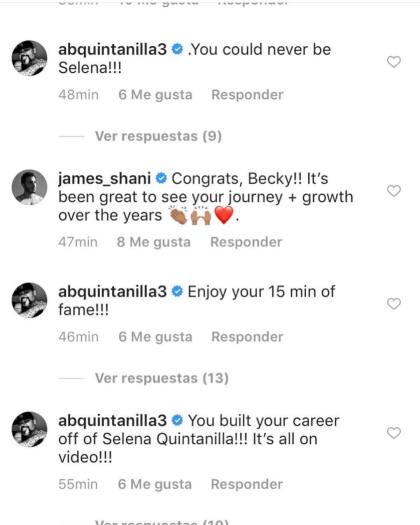 Los mensajes expresaban molestia ante la mención que Becky G hizo de Selena como agradecimiento al reconocimiento que recibió: âNunca podrÃas ser como Selena", luego agregó "Disfruta tus 15 minutos de famaâ.