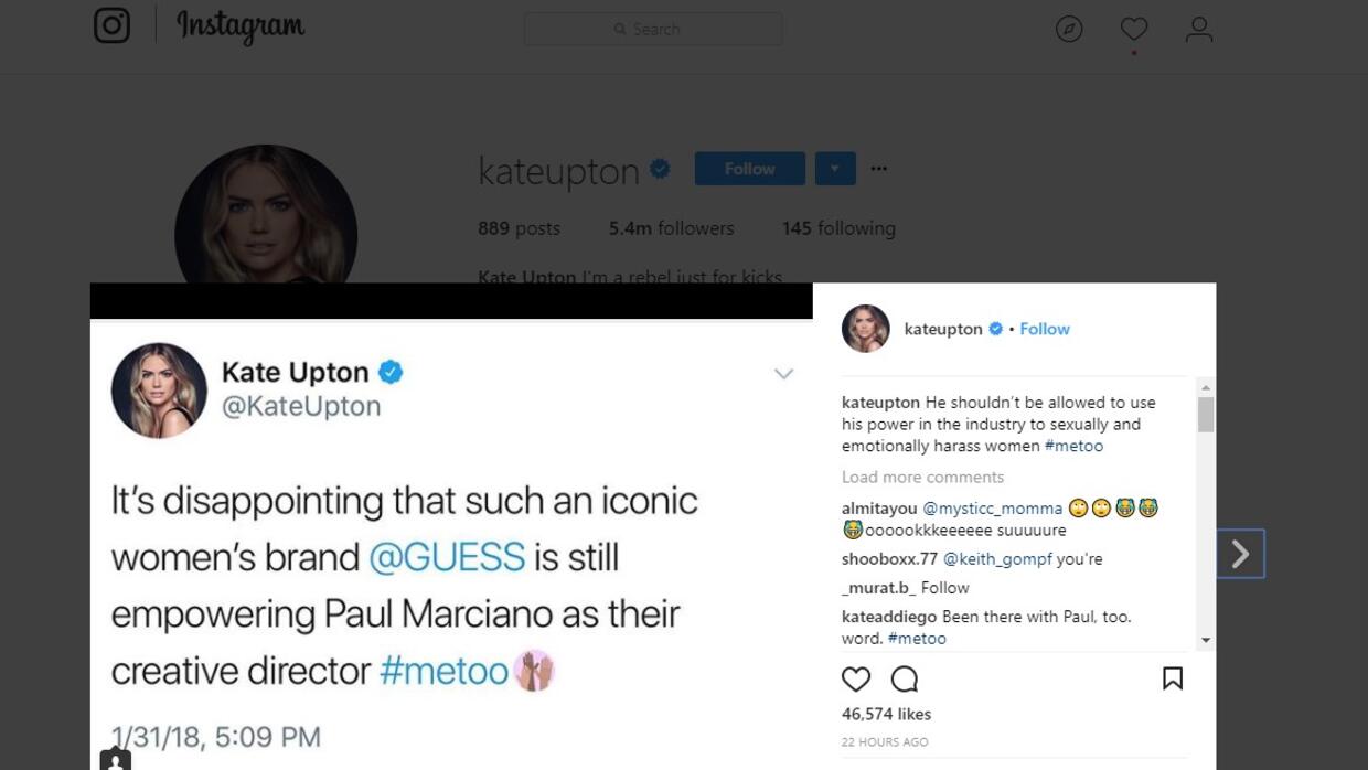 La exportavoz de Guess, la modelo Kate Upton, acusa al diseñador y cofun...