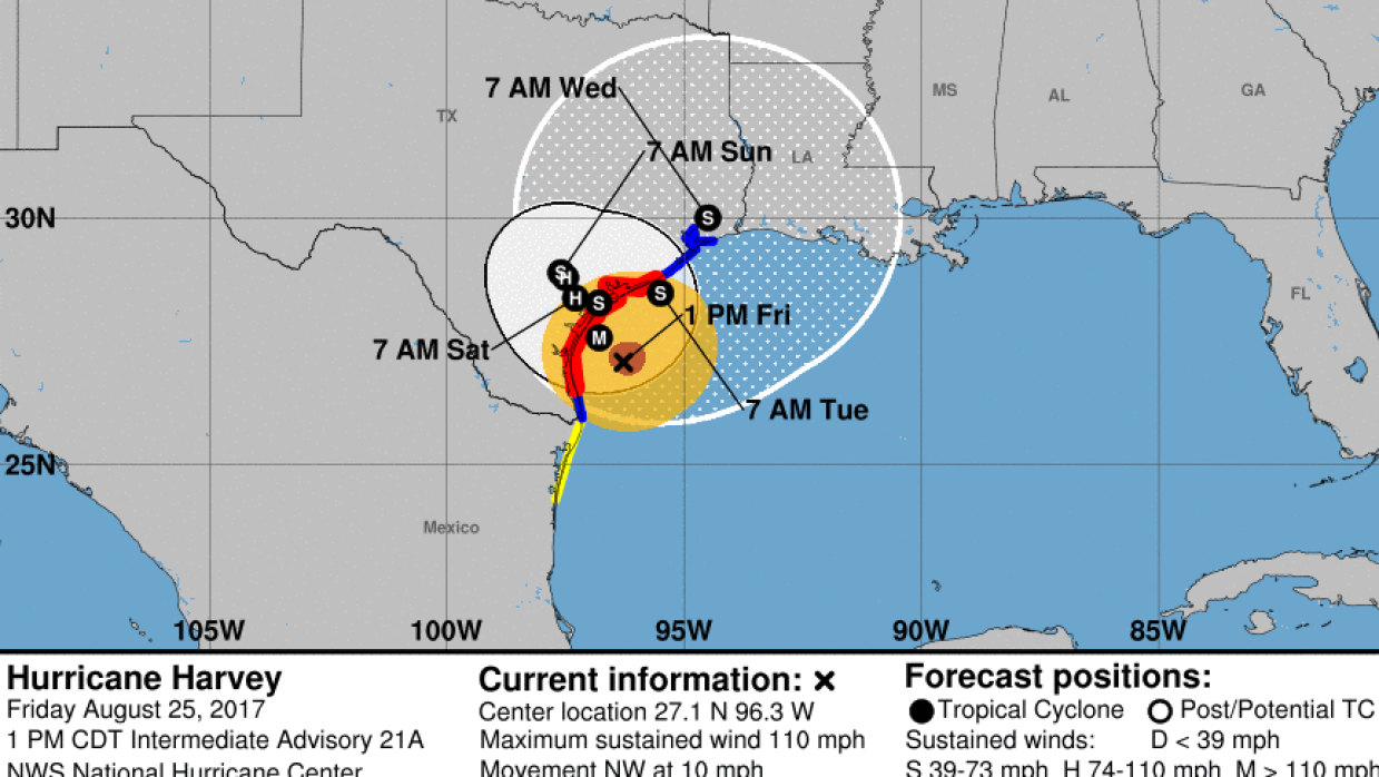 La proyección del Centro Nacional de Huracanes indica que Harvey permane...