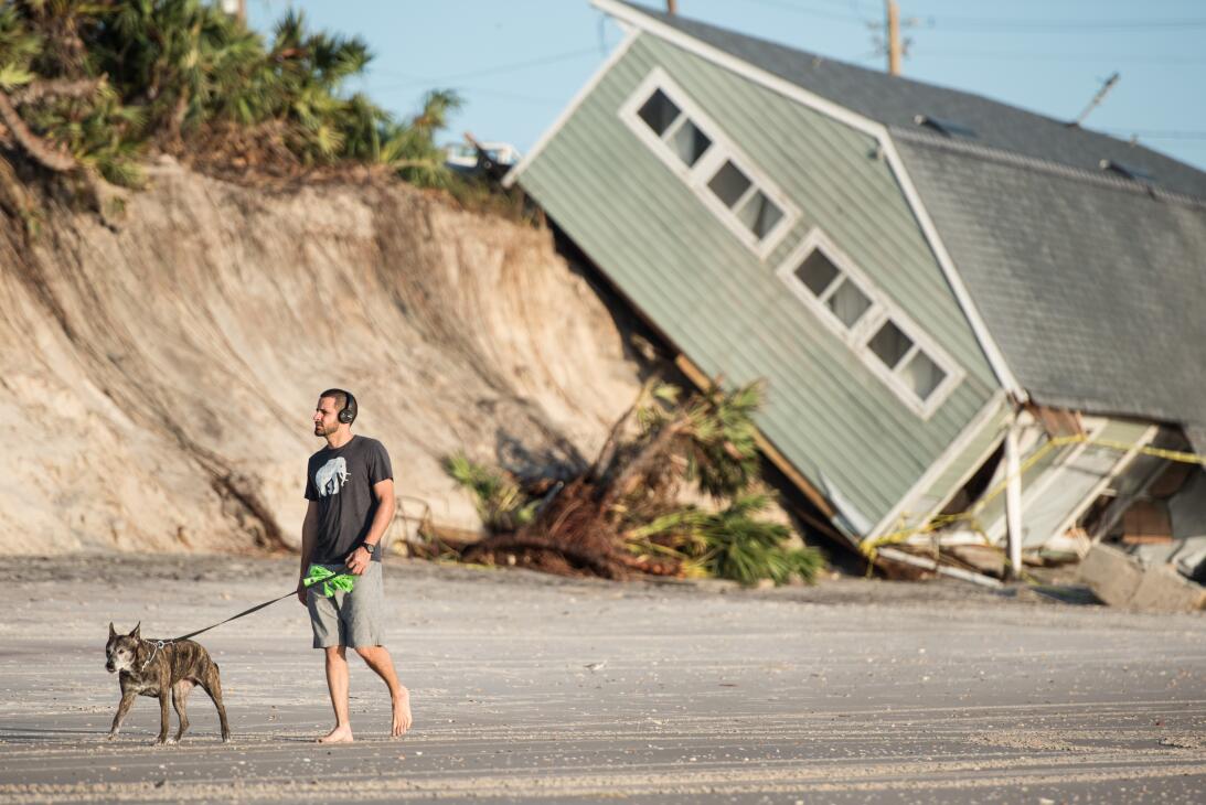 Jose Orosz walks his dog Karen by a beachfront home destroyed by Hurrica...